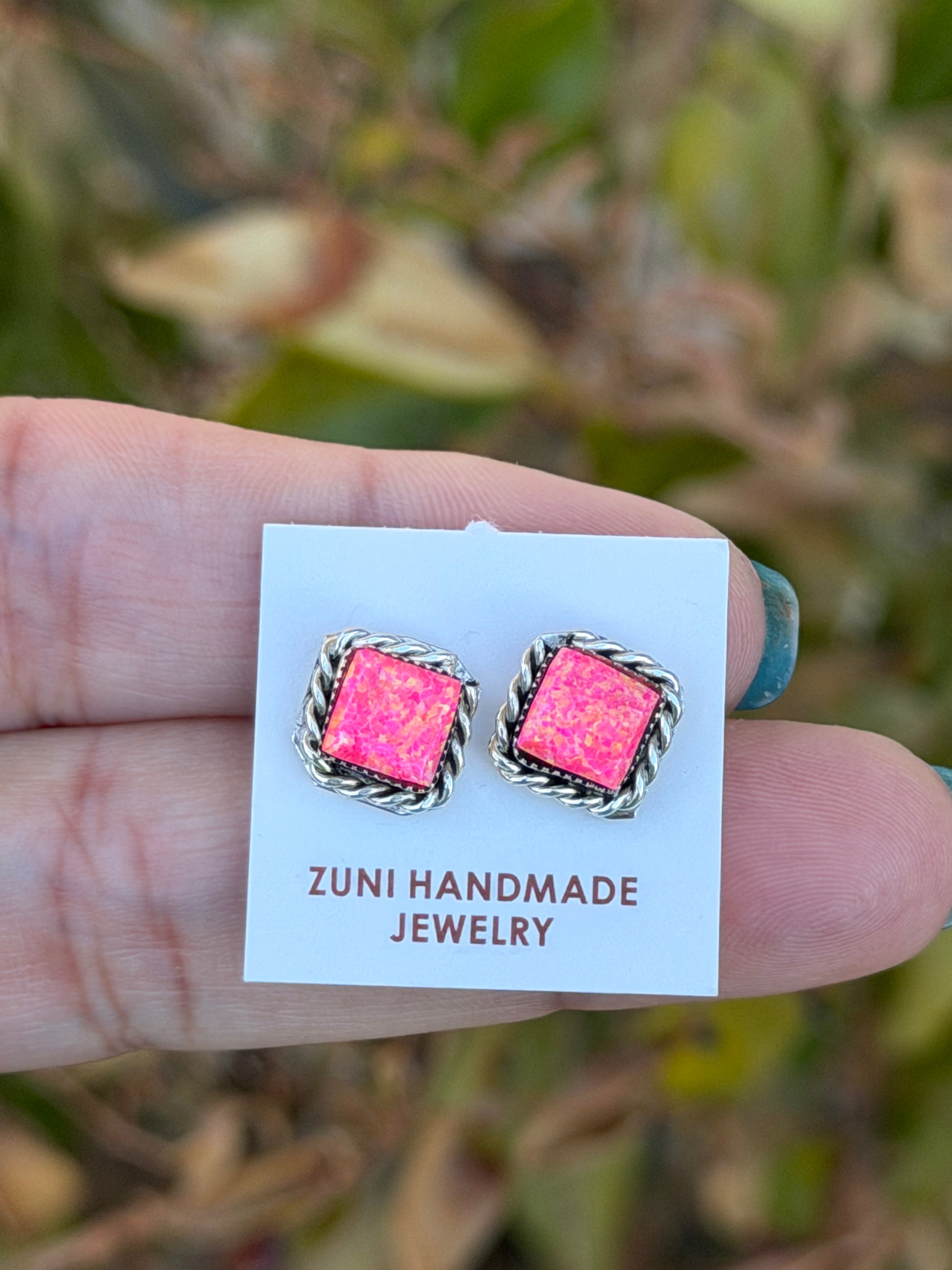 Pink opal square studs
